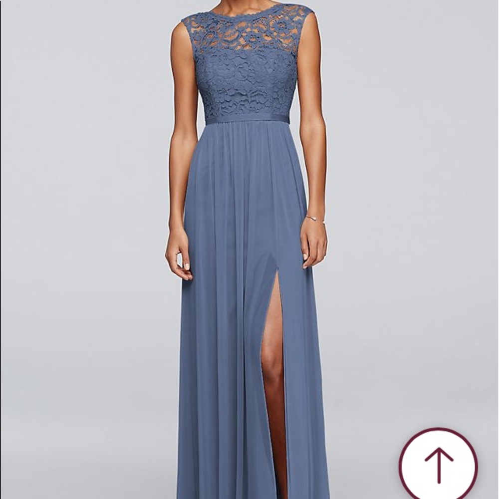 Davids Bridal Long Bridesmaid Dress Lace SteelBlue